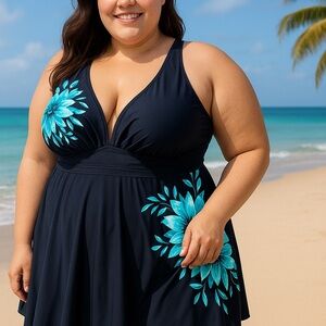 Hanna Nikole Plus Size 28W Swim Dress Set Floral Supportive Beachwear plus black